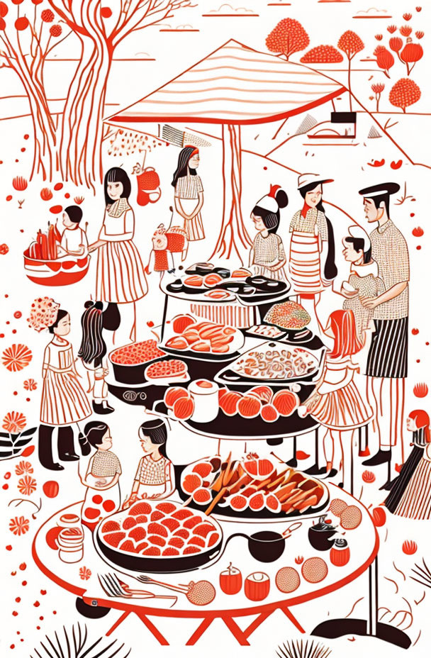 Illustration of outdoor market with fruit tables in red and black color scheme