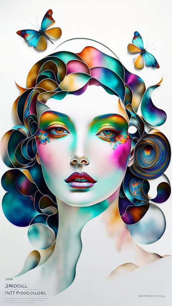 Colorful makeup and swirling hair patterns on a woman's face with butterflies in a fantastical style