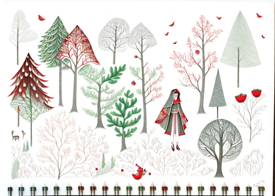 Stylized forest scene with girl in red cloak and wildlife