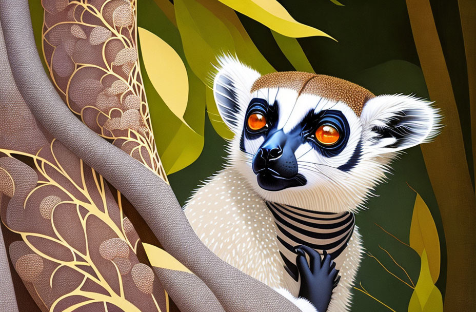 Lemur illustration with orange eyes behind ornate tree leaves