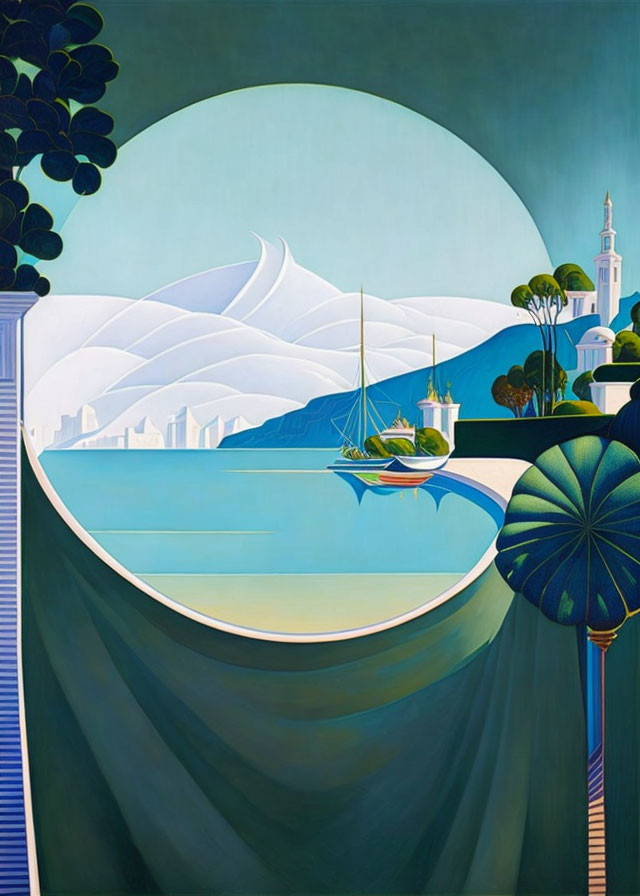 Sailboat painting with archway, hills, city skyline, and tower