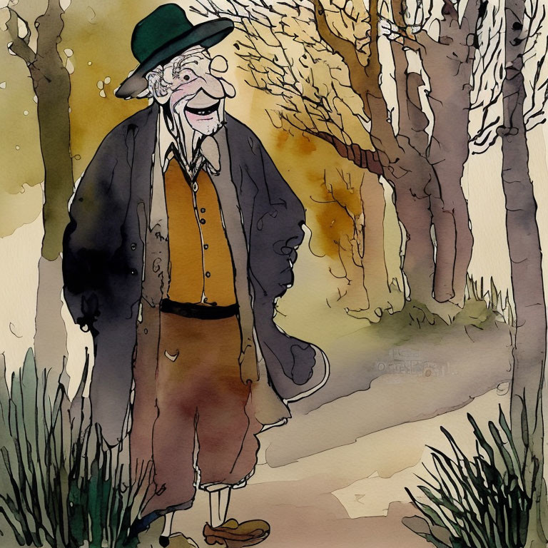 Elderly man with beard in hat and coat in forest scene