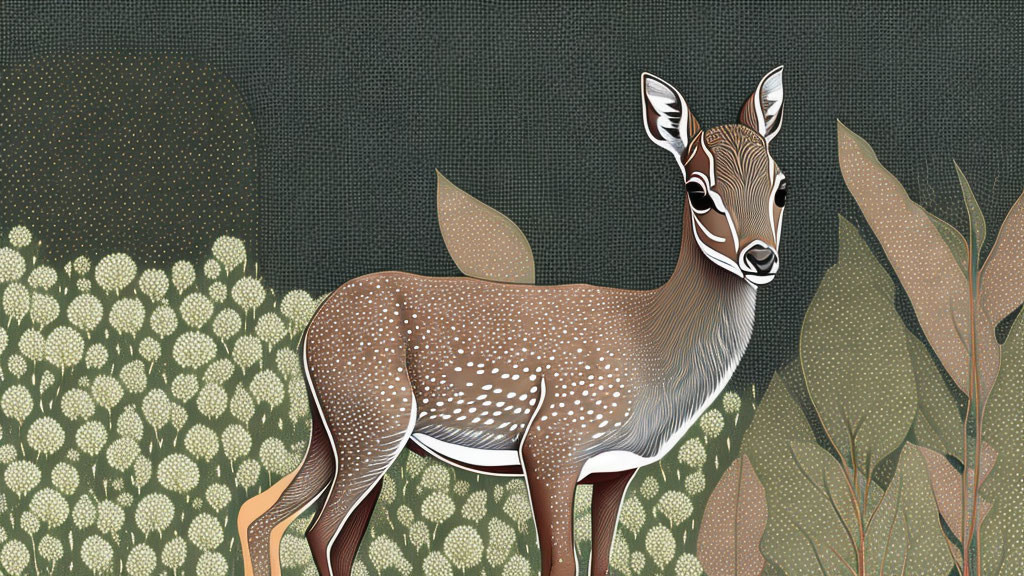 Stylized deer illustration among patterned plants with dotted background