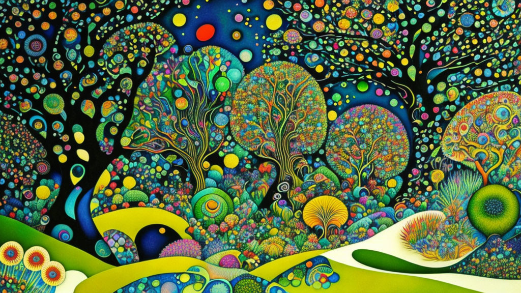 Colorful Psychedelic Forest with Abstract Shapes