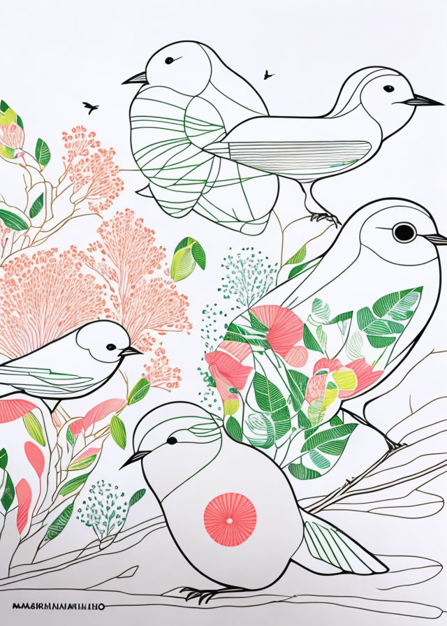 Four stylized birds in colorful plant setting with green, pink, and orange hues