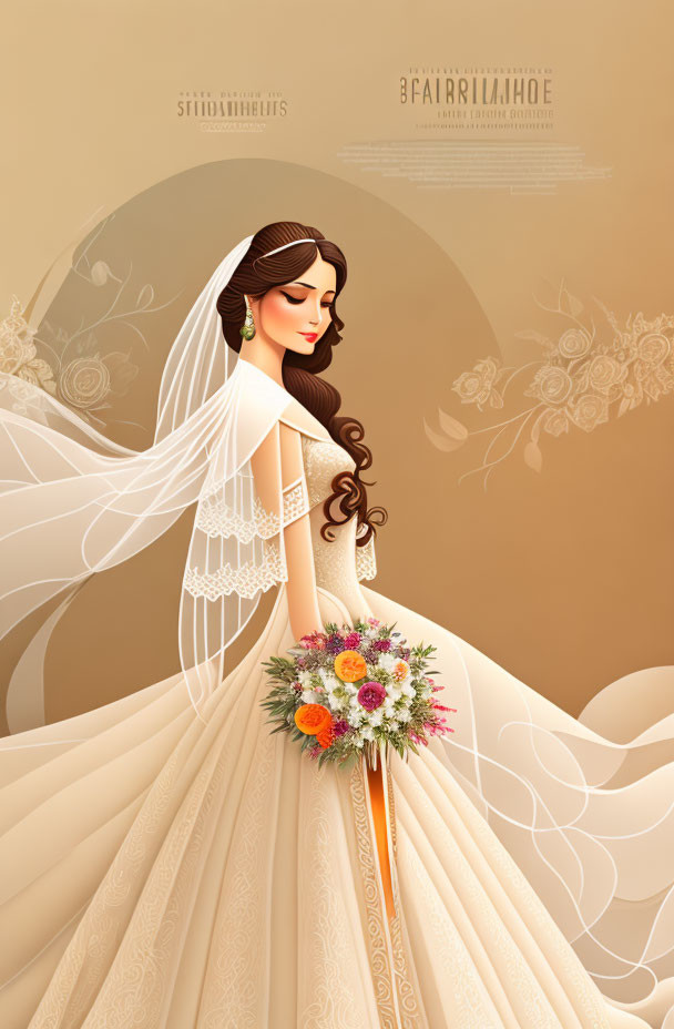 Illustrated bride in beige gown with bouquet, surrounded by floral and ornamental designs