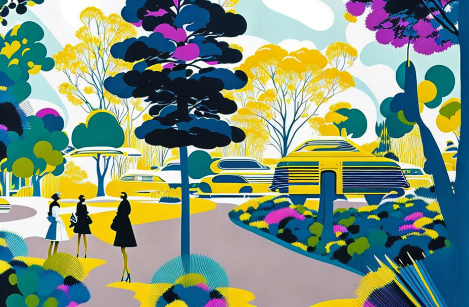 Vibrant illustration of two people in abstract park with whimsical trees and retro-futuristic cars