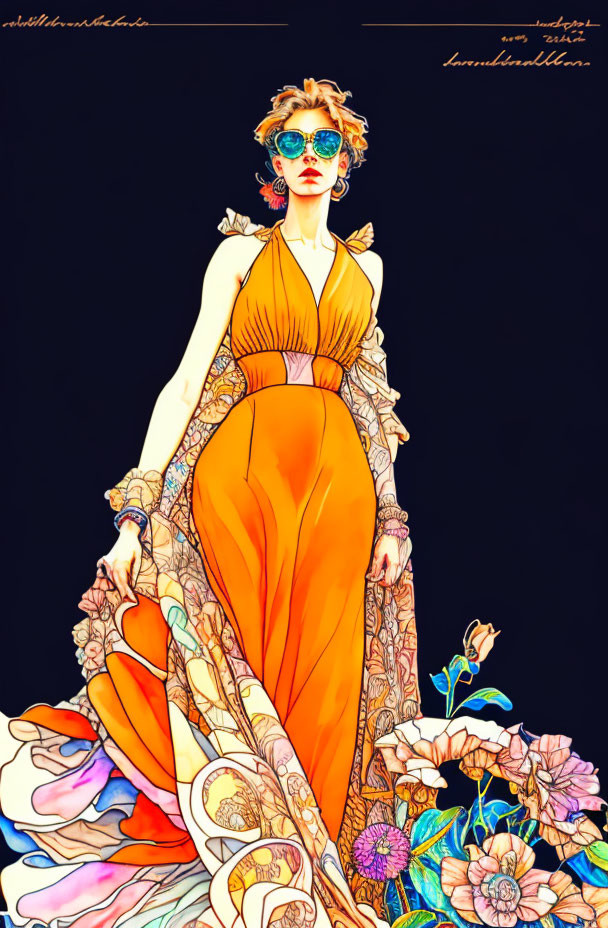 Fashionable Woman in Orange Floral Dress with Accessories on Vibrant Background