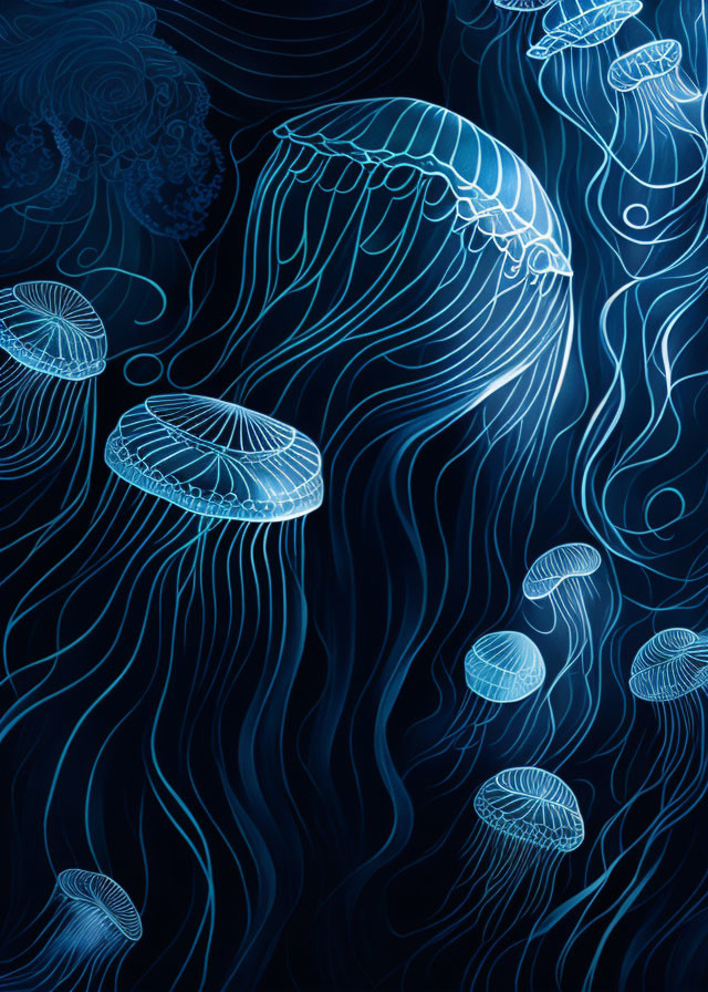 Blue jellyfish with intricate patterns in dark underwater scene