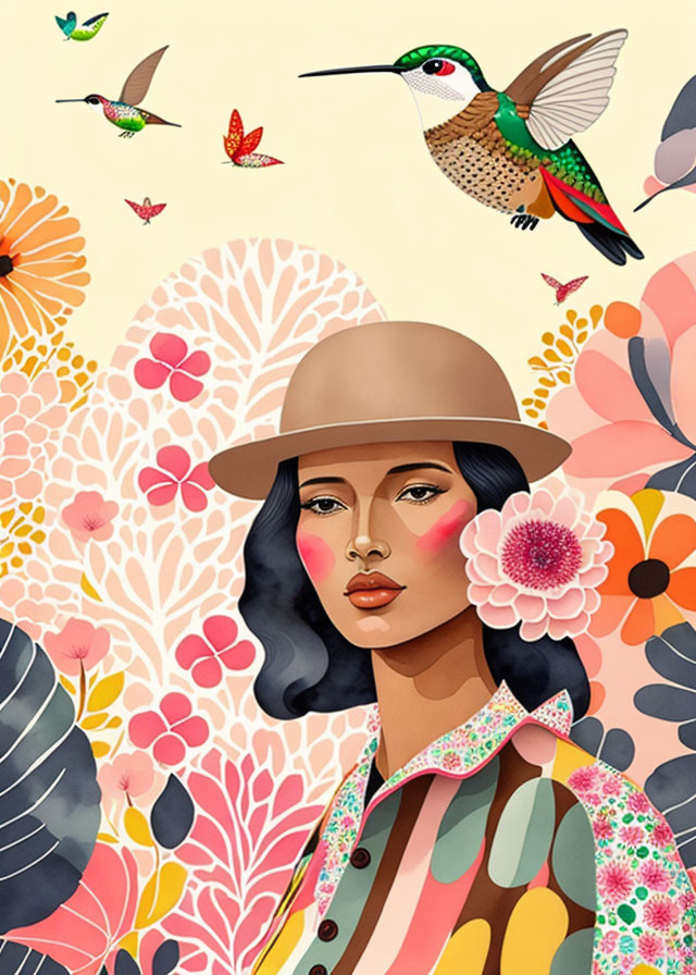 Woman with Hat Surrounded by Flowers and Hummingbirds in Pastel Scene