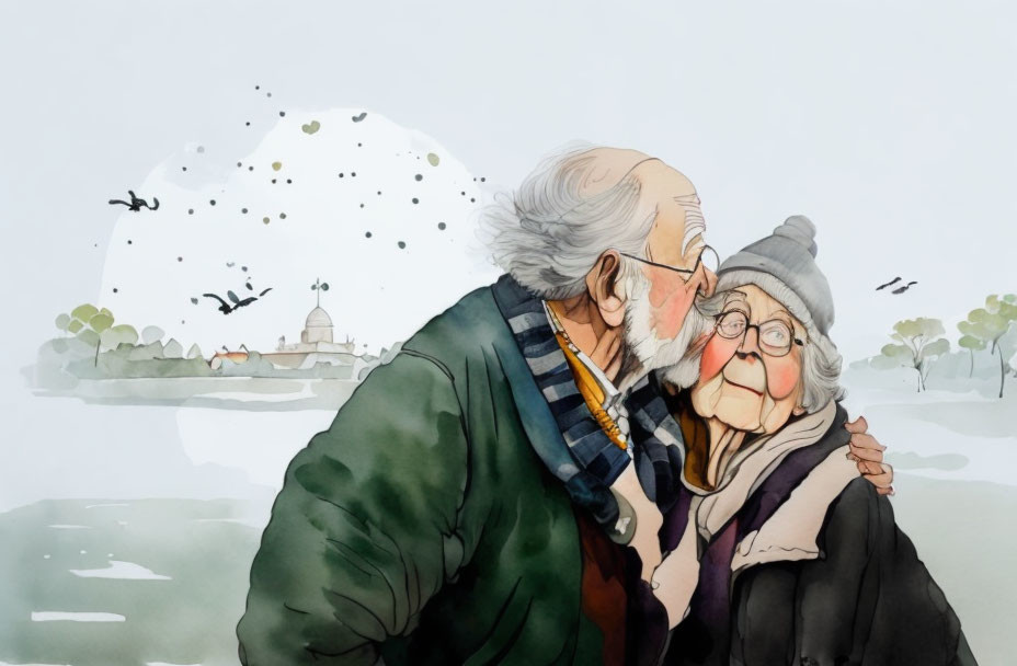 Elderly couple's tender kiss in soft watercolor style