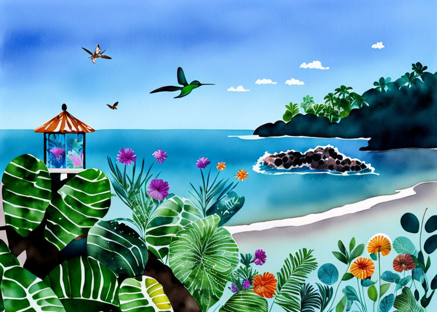 Colorful Watercolor Beach Scene with Foliage, Flowers, Gazebo, Birds, and