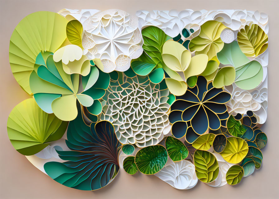 Layered Paper Art with Stylized Floral and Leaf Patterns in Green, Blue, Yellow, and