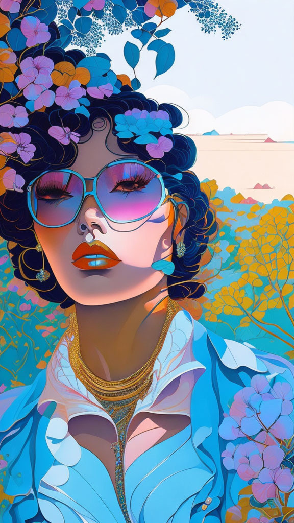 Colorful illustration of woman with curly hair and sunglasses on floral background