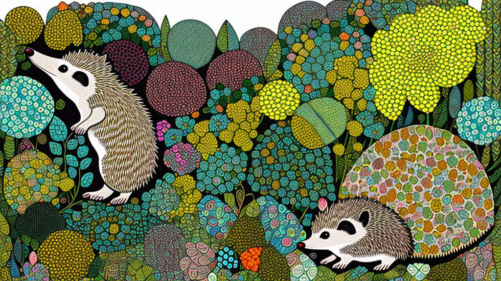 Vibrant illustration: Two hedgehogs in colorful plant pattern