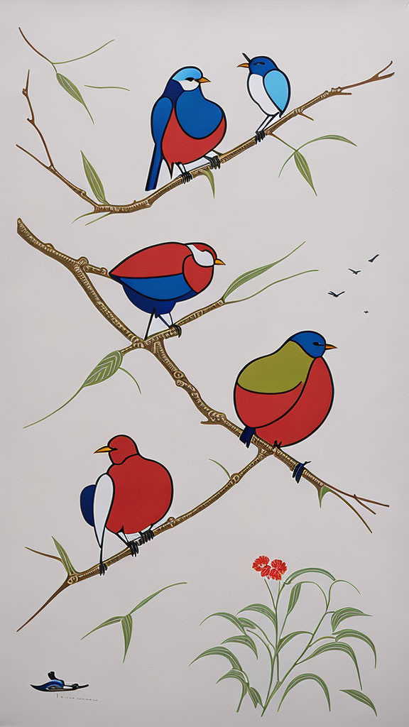 Vibrant stylized birds on branches with flying birds and small plant