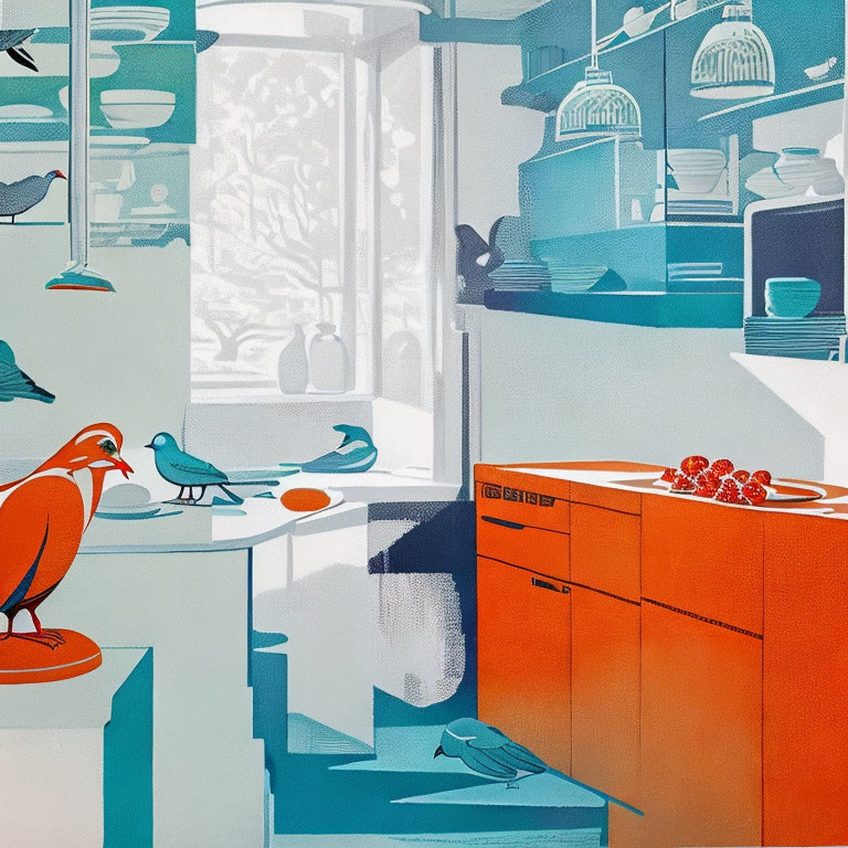 Stylized two-tone kitchen with birds, fruit bowls, and hanging glassware