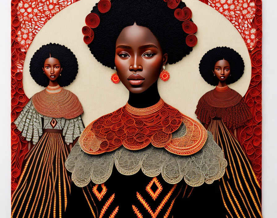 Stylized women in African-inspired attire on red background