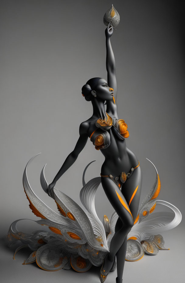 3D rendering of female figure in black and orange body paint with ornate wings and flame-like object