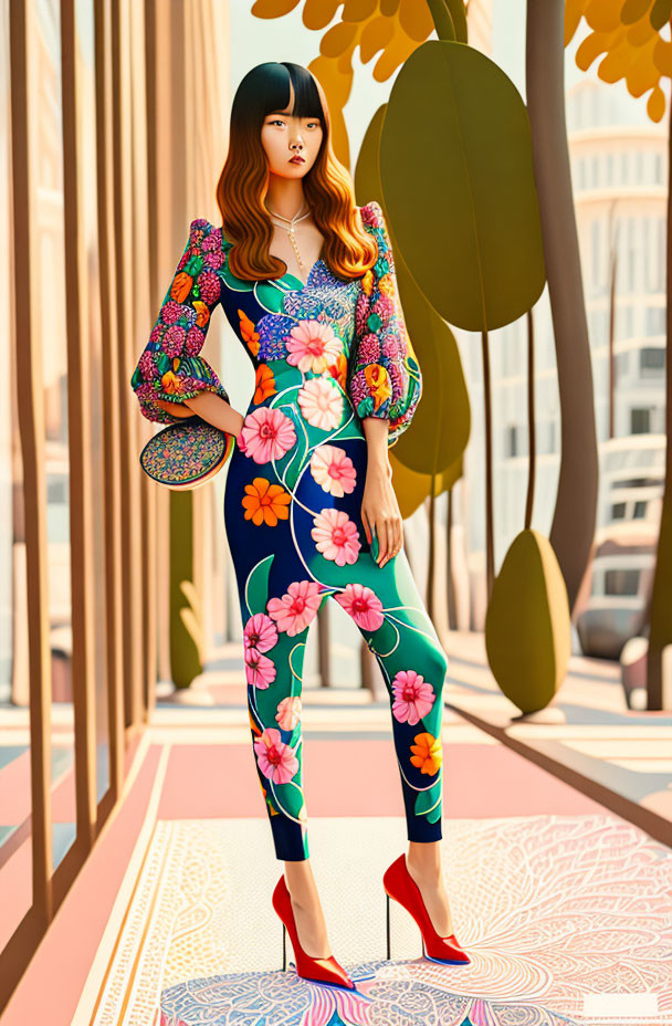 Digital illustration: Woman in floral outfit against urban backdrop