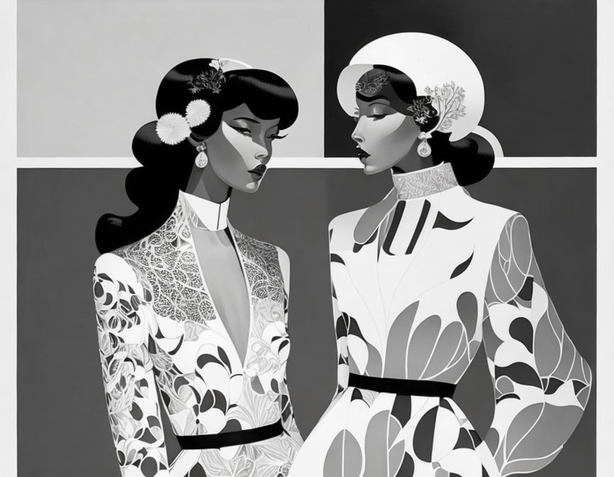 Stylized monochrome women with floral patterns on dresses and hats