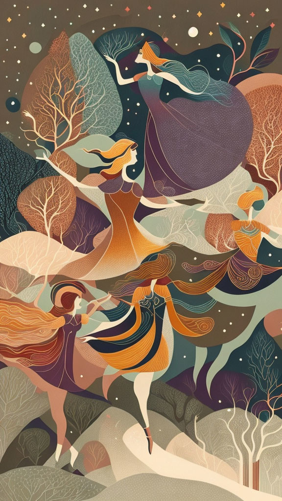 Stylized illustration of three female figures in autumn forest scene