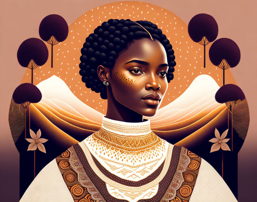 Detailed Digital Illustration of Woman in African Attire on Orange Background