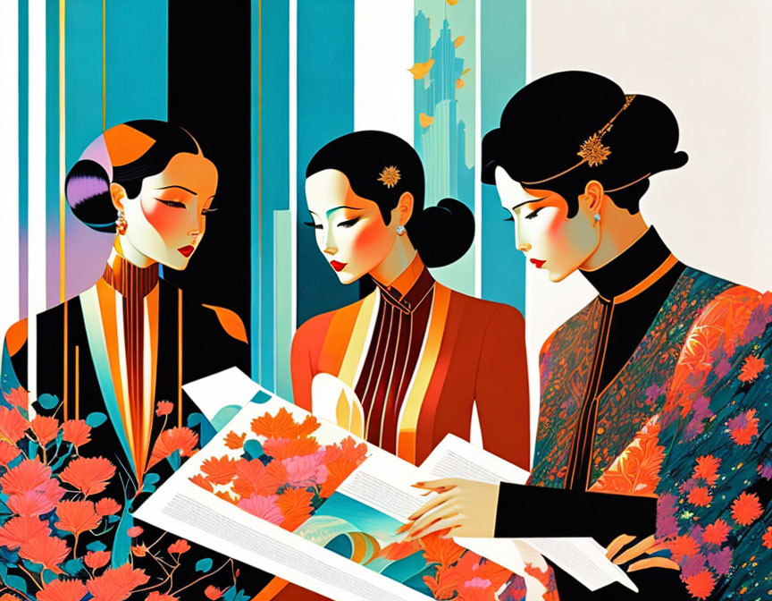 Stylized women in traditional Asian attire reading book with colorful backdrop