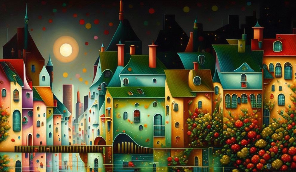 Colorful Whimsical Village Painting with River and Golden Moon