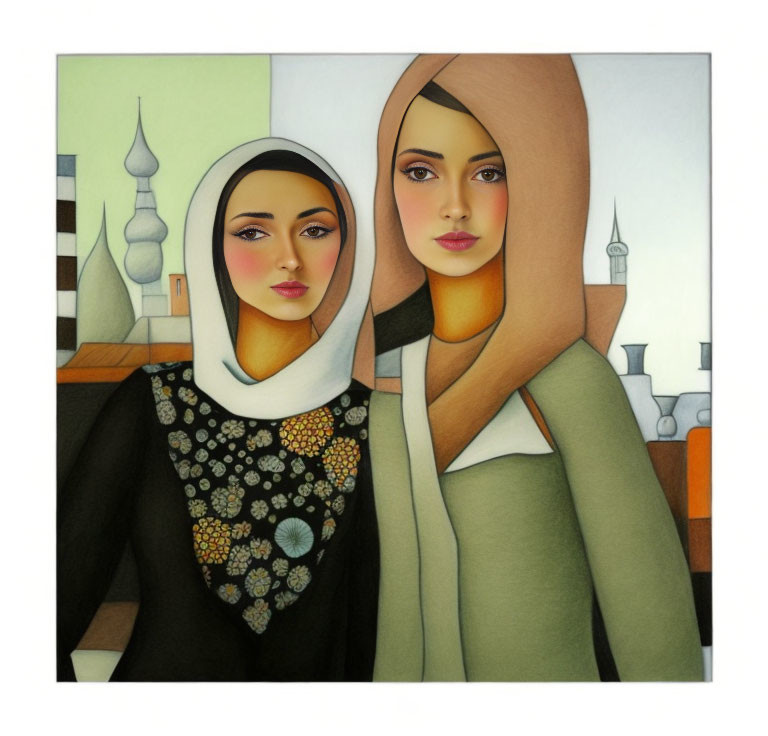 Two Women in Headscarves Against Architectural Backdrop