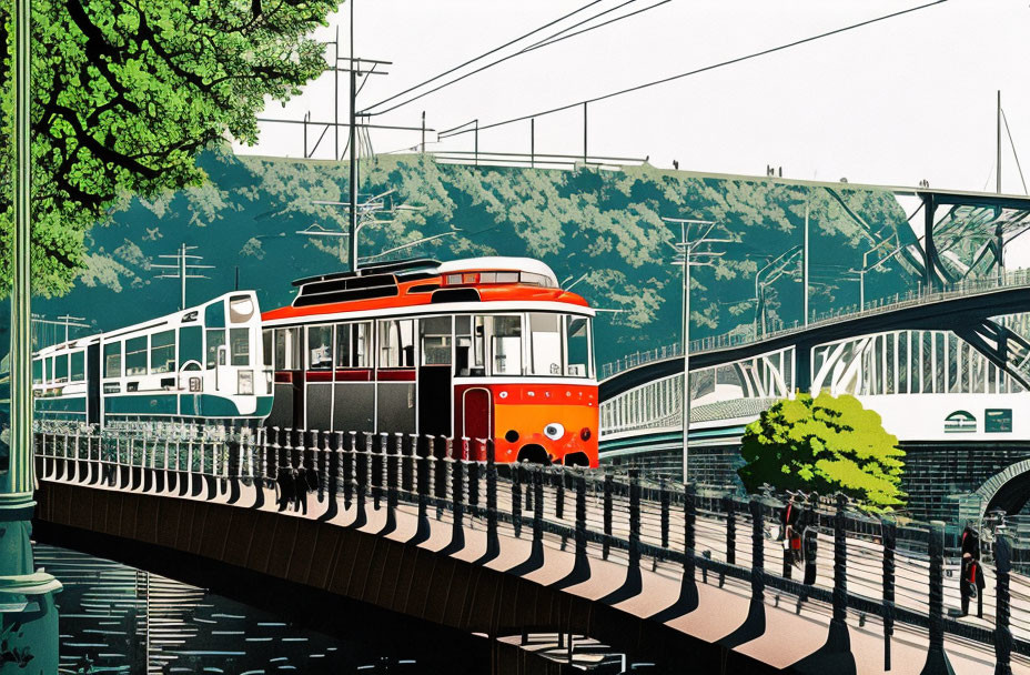 Colorful cityscape with red tram, bridge, and train in vibrant illustration