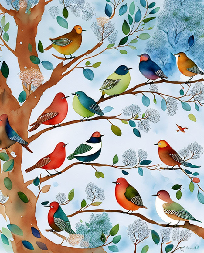 Vibrant bird illustrations on tree branches with green leaves on light blue backdrop