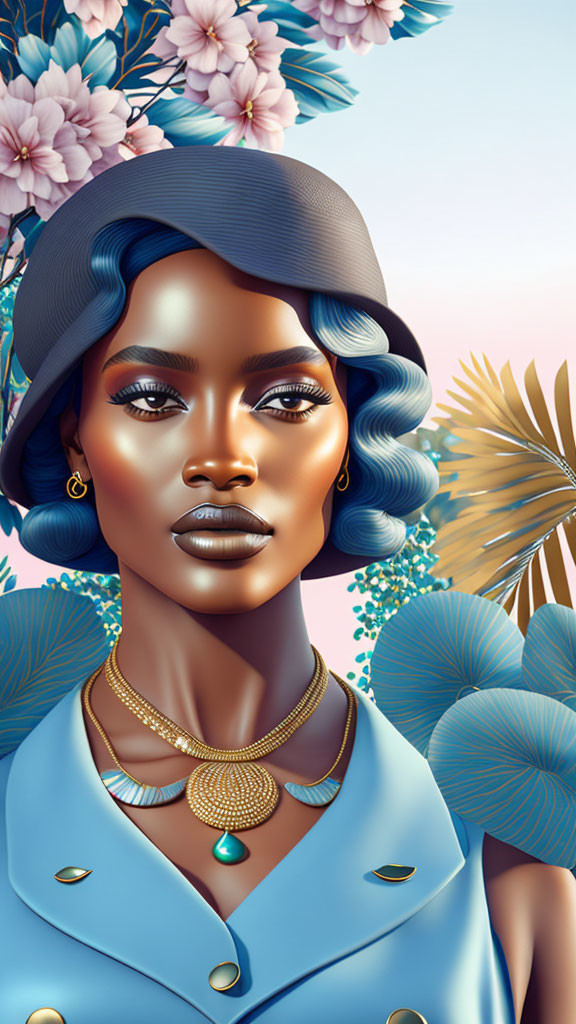 Digital portrait: Woman in blue clothing and hat with gold jewelry, floral backdrop