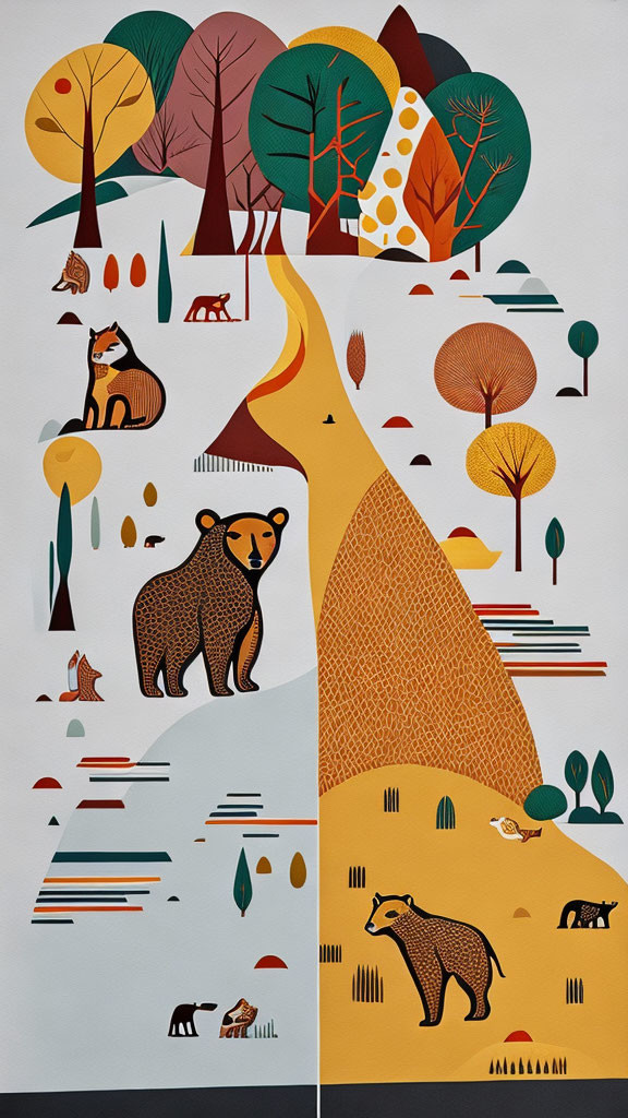 Abstract forest illustration with bears, foxes, trees, and a river with fish in warm tones