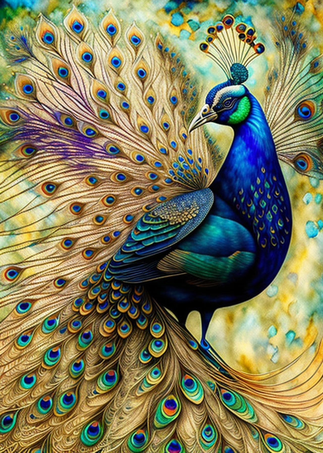 Colorful Peacock with Elaborate Tail Feathers in Blue, Green, and Gold