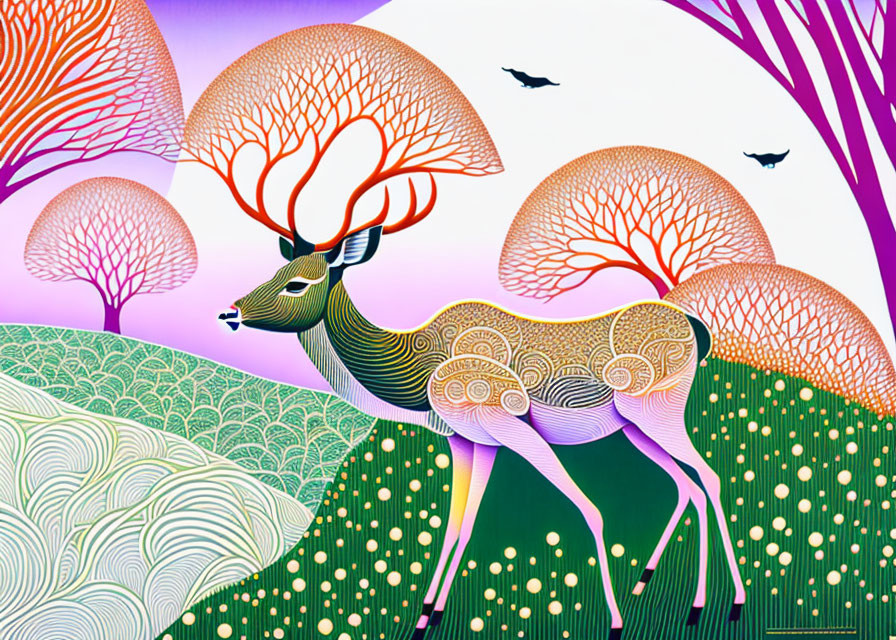 Colorful illustration of stylized deer with ornate antlers in whimsical forest scene