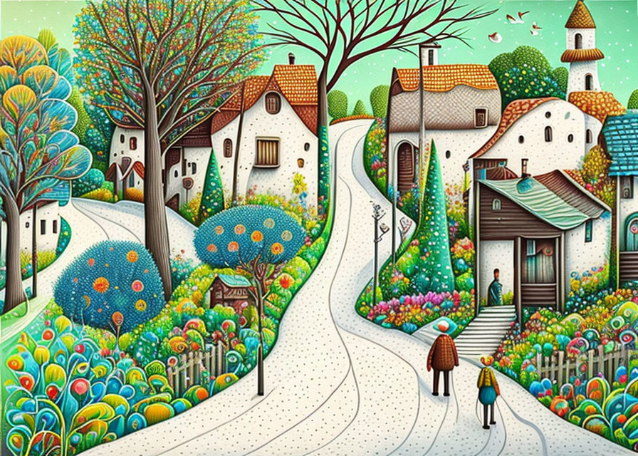 Colorful illustration of whimsical village scene with patterned trees and charming cottages