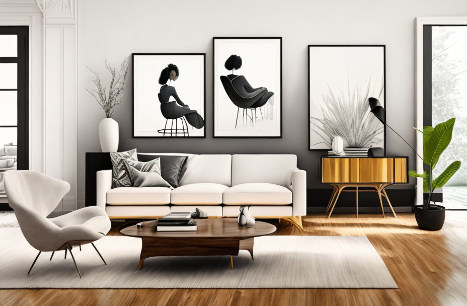 Monochrome Art in Modern Living Room with White Sofa