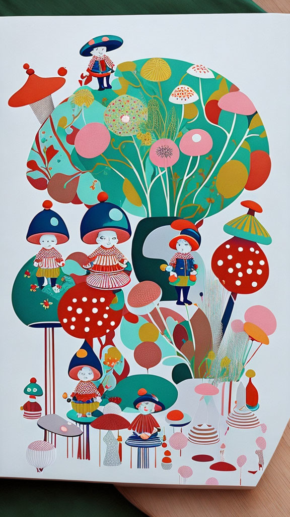 Whimsical tree illustration with colorful patterns and characters in fanciful attire