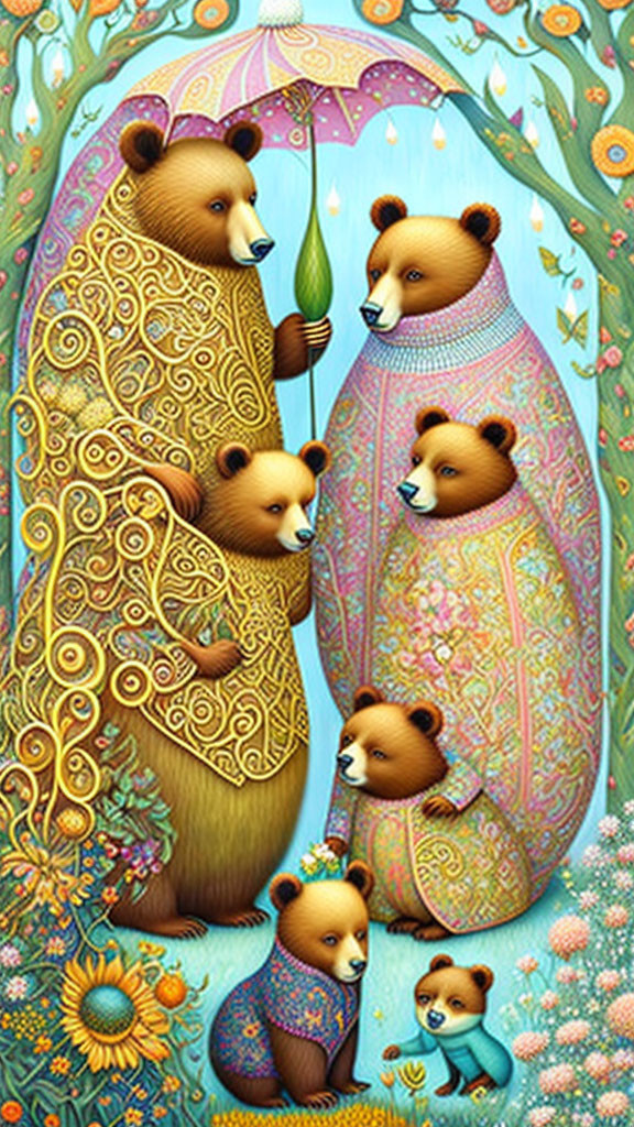 Bear family illustration with ornate fur patterns in vibrant flowery landscape