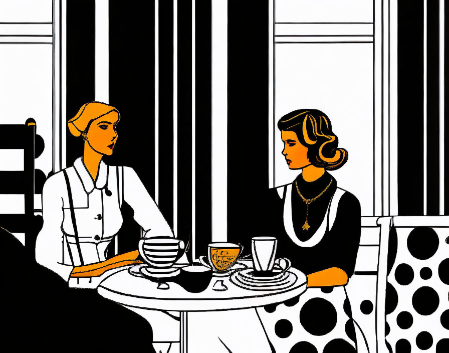 Stylized women in conversation at cafe table with black and white decor