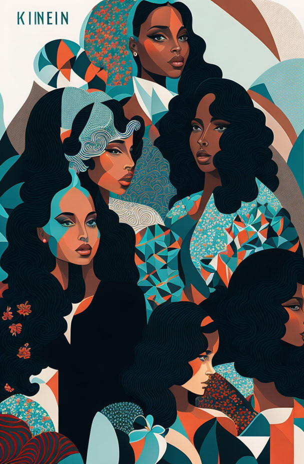 Stylized women with diverse hairstyles in blue, orange, and green palette