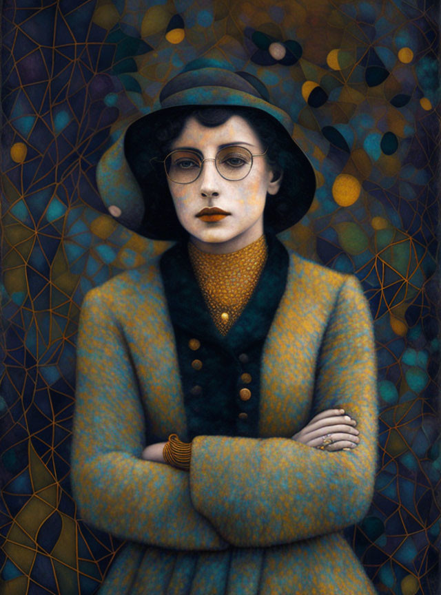 Woman in glasses and hat against geometric background