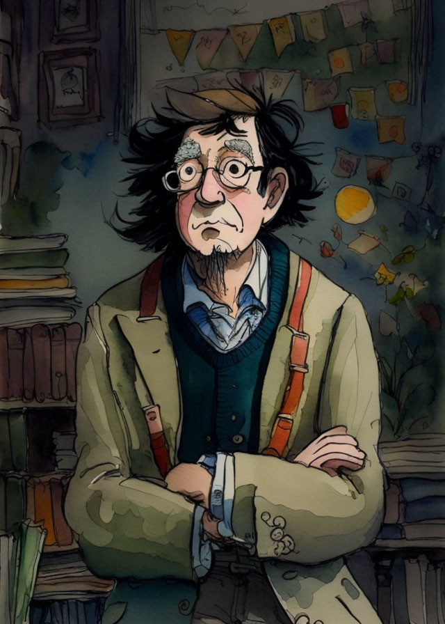 Disheveled man with glasses in library setting.