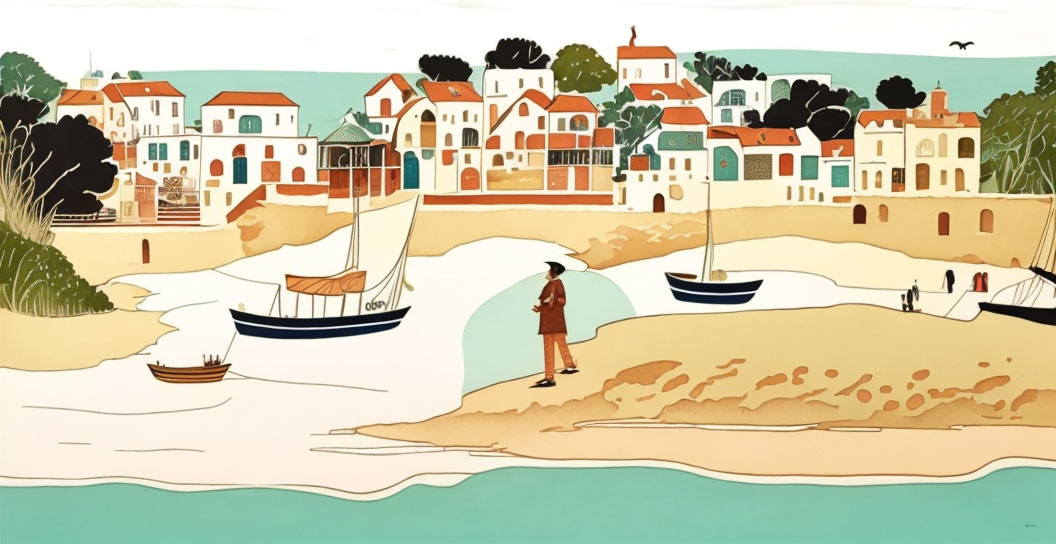 Illustration of quaint coastal village with boats, bridge, and people