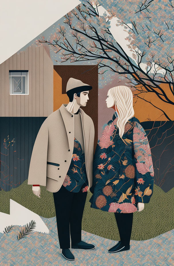 Man and woman illustration with stylized house and tree in muted colors