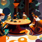 Vibrant art deco-style dinner party illustration