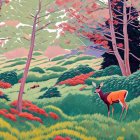 Whimsical watercolor illustration of two deer in pink blossoming forest