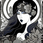 Art Nouveau Woman Illustration with Floral Motifs in Monochrome