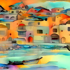 Vibrant coastal village painting with clustered houses and boats